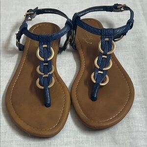 🌞 Madeline Stuart Blue r strap lined w/gold circles Sandals women size 7.5w